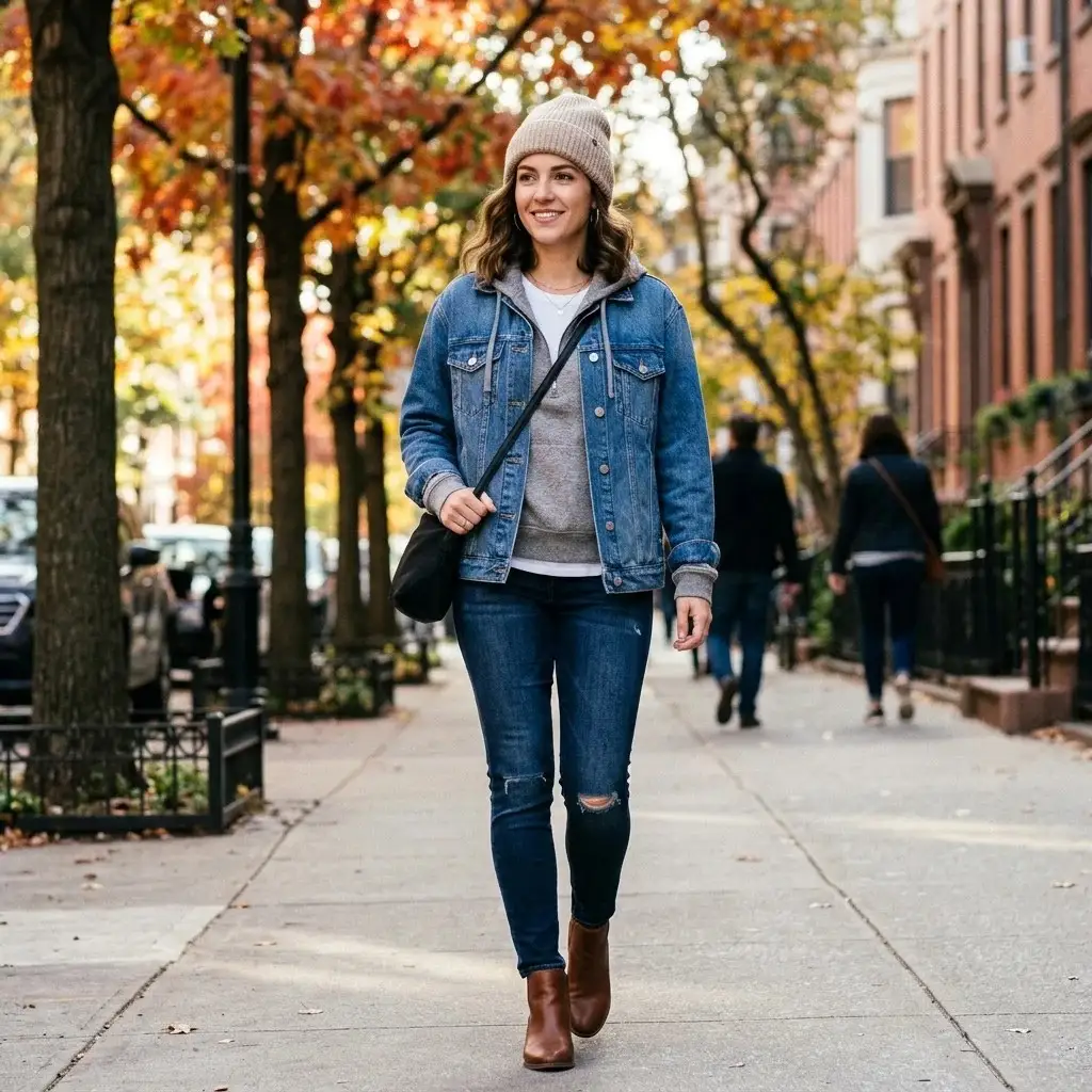 17 Fall Outfit Ideas That Make You Look Instantly Put Together Without Trying Too Hard 10 Denim Jacket Hoodie Combo