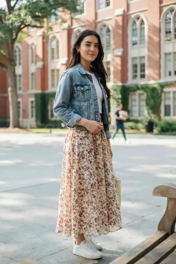 17 College Outfit Ideas That Look Effortless but Still Say “Yes, I Have My Life Together” 15 Denim Jacket Maxi Skirt