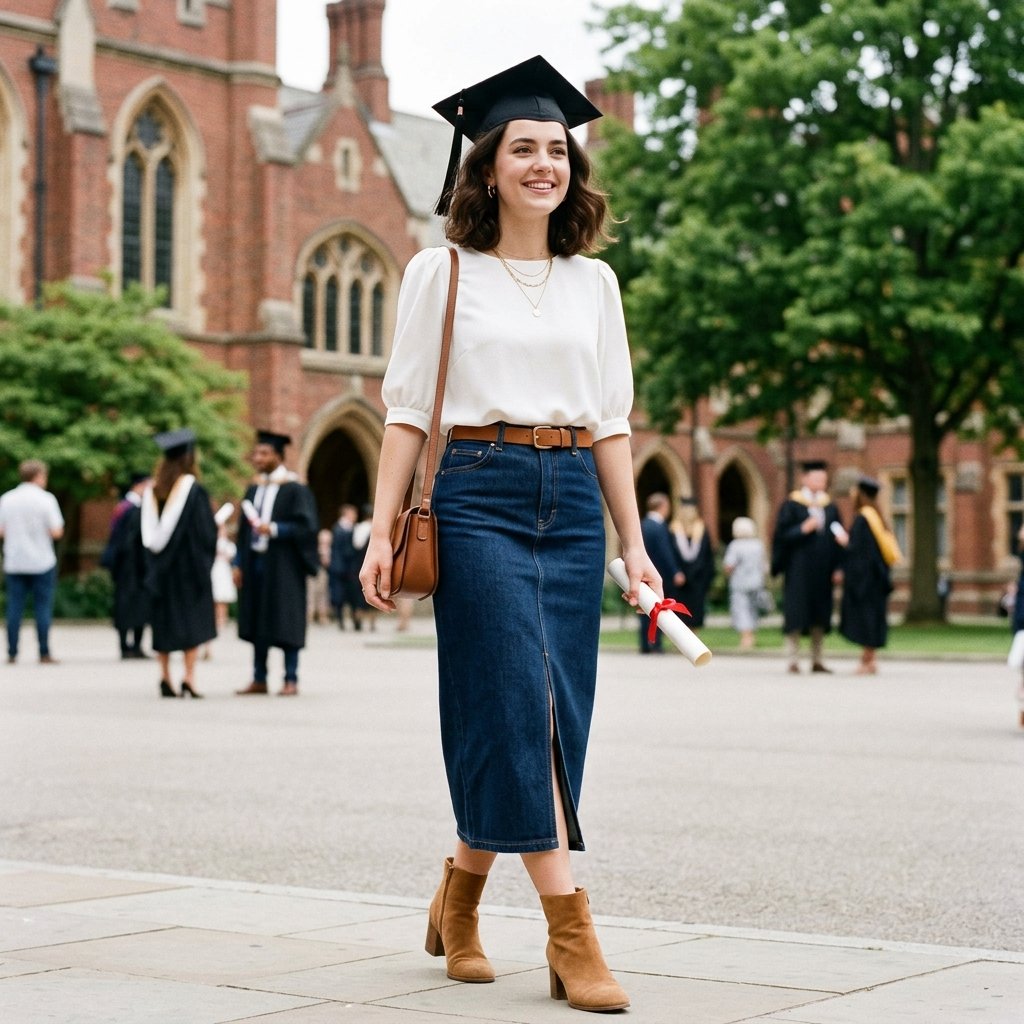 16 Graduation Outfit Ideas That’ll Have You Looking Expensive in Every Cap-and-Gown Photo 13 Denim Midi Skirt Chic Blouse