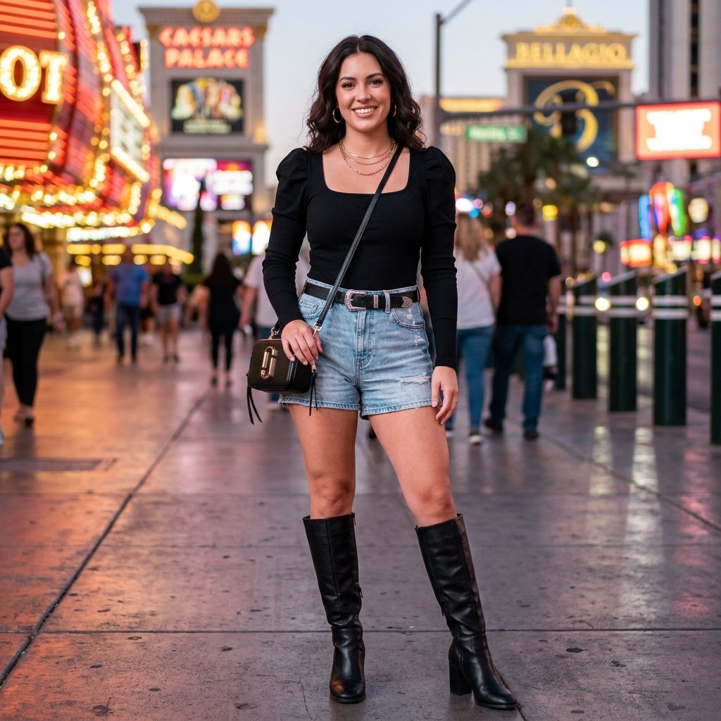 17 Vegas Outfit Ideas That Will Have You Looking Like the Main Character All Weekend 12 Denim Shorts Bodysuit