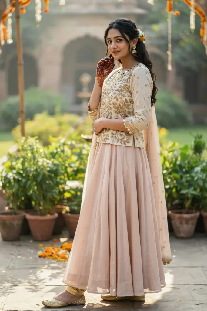 19 Mehndi Outfit Ideas That Bring Main Character Energy Without Trying Too Hard 18 Embroidered Jacket Plain Lehenga