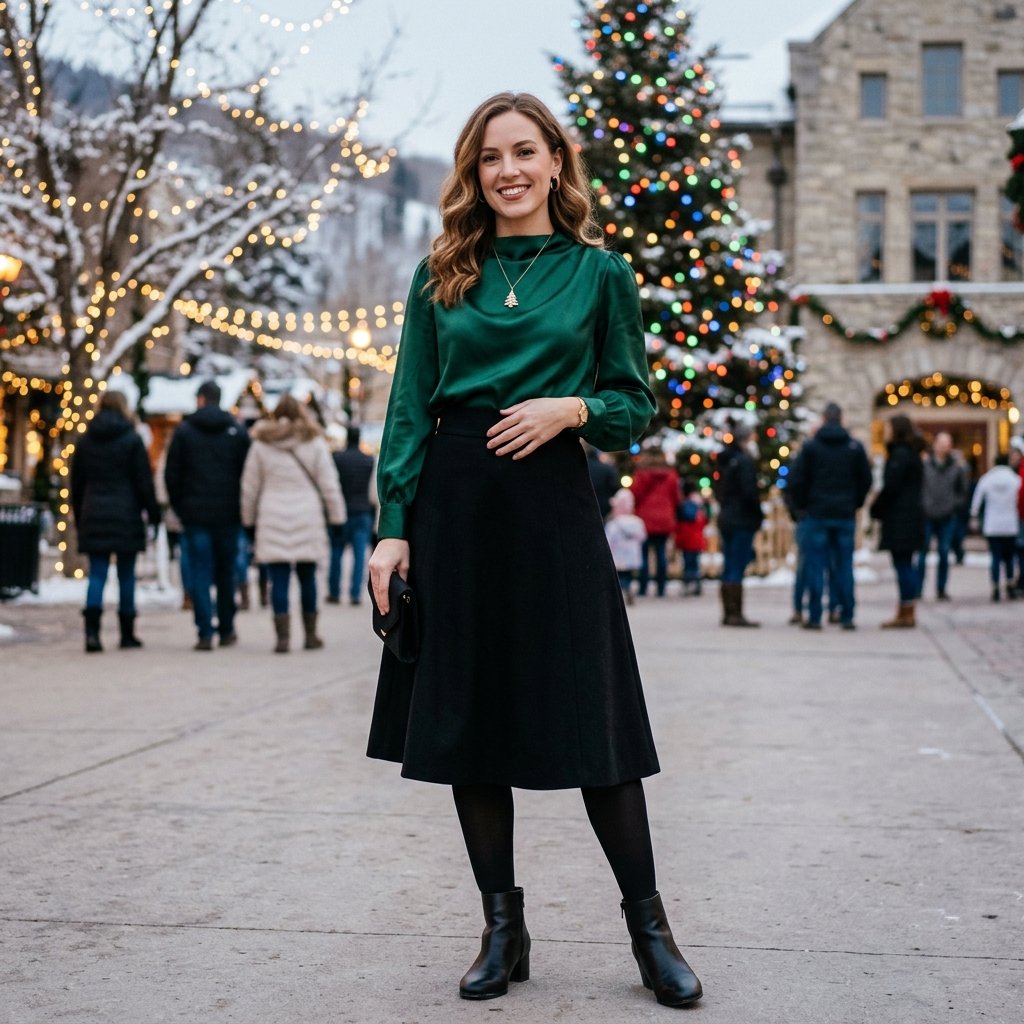 18 Christmas Outfit Ideas That’ll Have You Looking Festive Without Trying Too Hard 16 Emerald Green Blouse Black Skirt