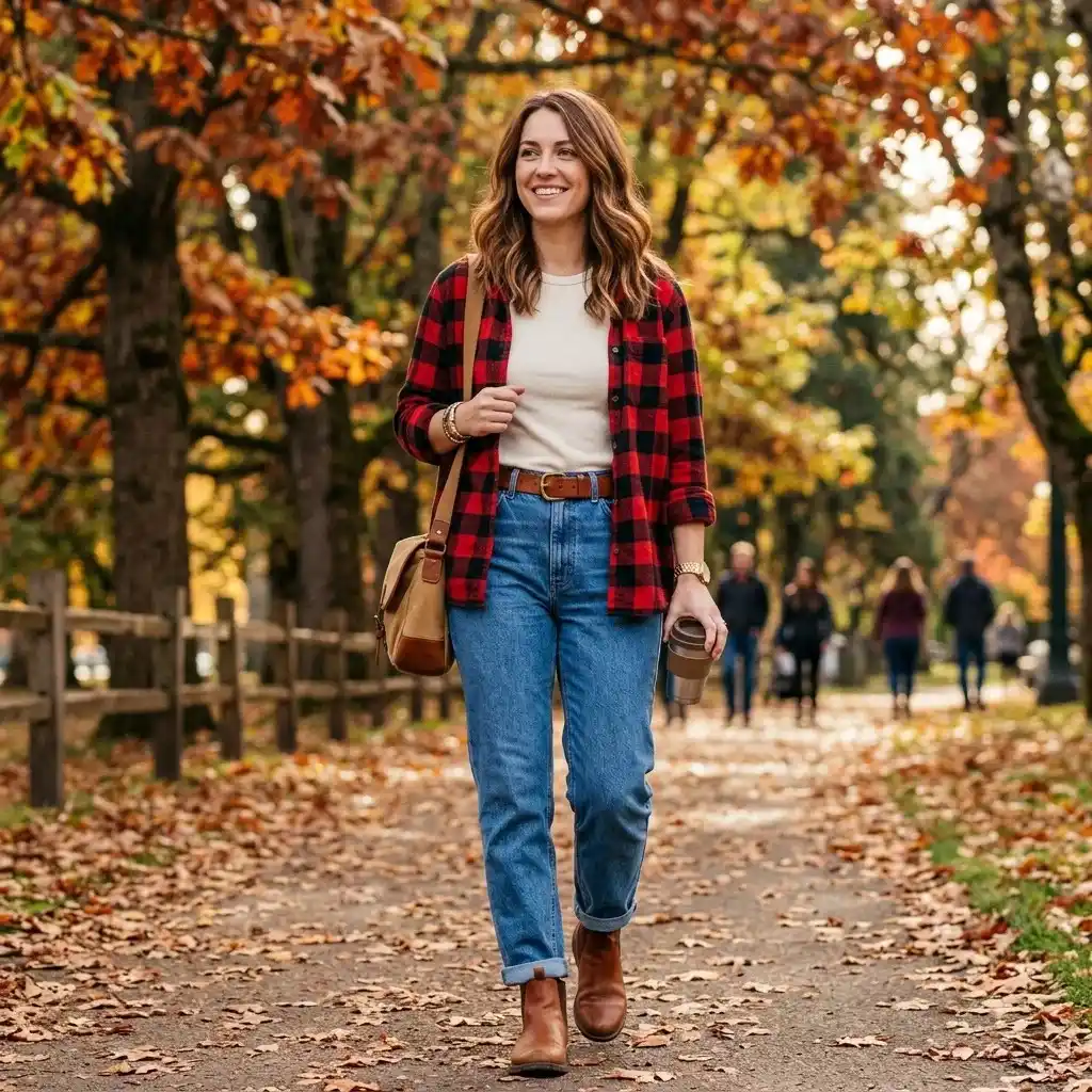 17 Fall Outfit Ideas That Make You Look Instantly Put Together Without Trying Too Hard 15 Flannel Shirt Mom Jeans