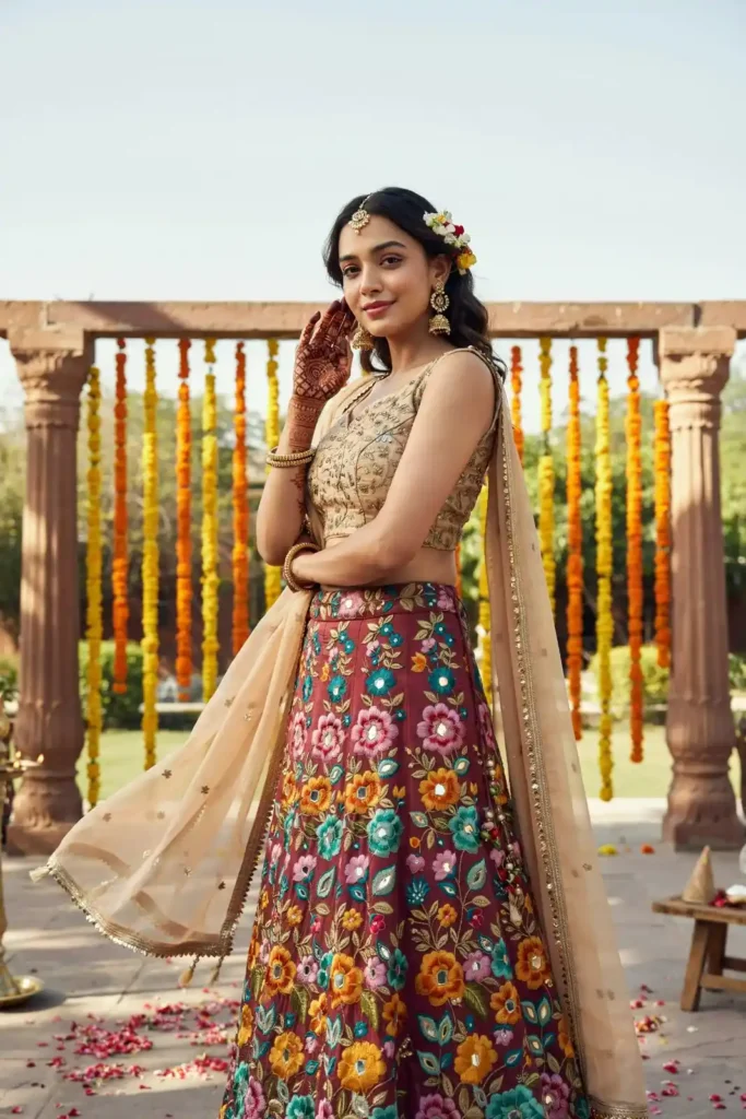 19 Mehndi Outfit Ideas That Bring Main Character Energy Without Trying Too Hard 11 Floral Lehenga Sleeveless Blouse