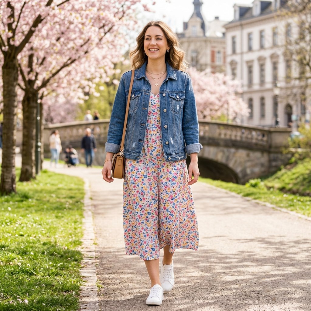 19 Spring Outfit Ideas That Make Getting Dressed Way More Fun 3 Floral Midi Dress Denim Jacket