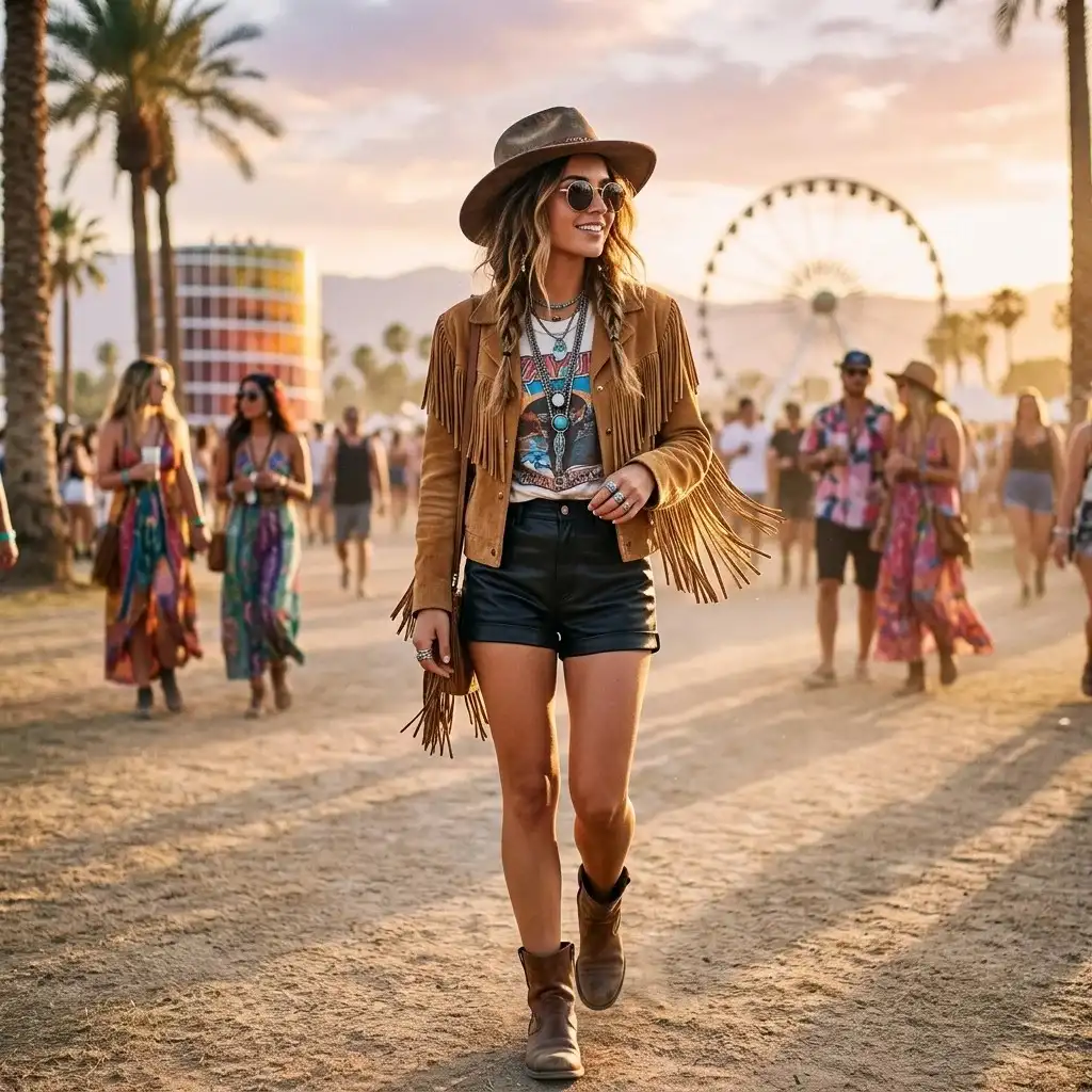 16 Coachella Outfit Ideas That Will Make You Look Like You Accidentally Became the Main Character 6 Fringe Jacket Leather Shorts