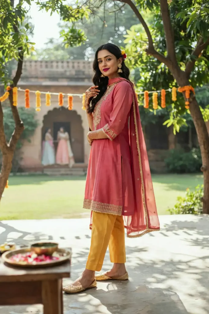 19 Mehndi Outfit Ideas That Bring Main Character Energy Without Trying Too Hard 9 Fuchsia Kurti Yellow Cigarette Pants