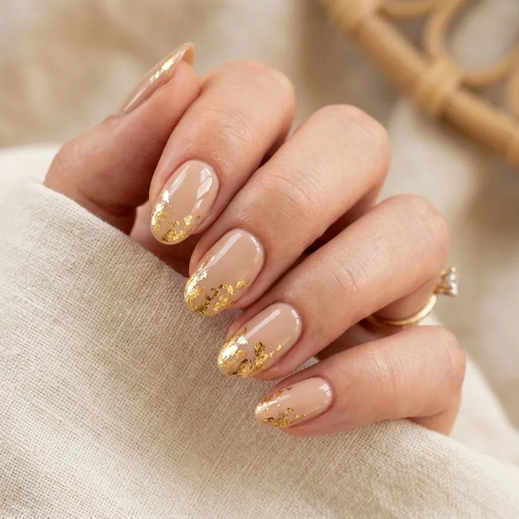 17 End of Summer Nails Ideas That Are So Chic, You’ll Forget Fall Is Coming 7 Glossy Nude Gold Foil