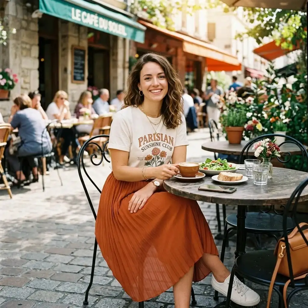 16 Lunch Outfit Ideas That Look Effortless, Chic, and “I Didn’t Even Try” Cute 6 Graphic Tee Pleated Skirt