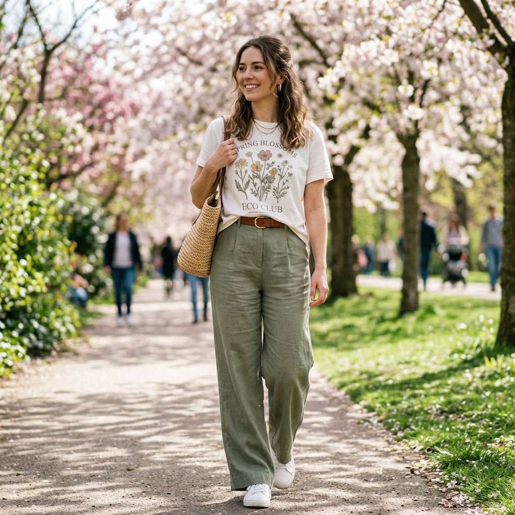 19 Spring Outfit Ideas That Make Getting Dressed Way More Fun 7 Graphic Tee Wide Leg Trousers
