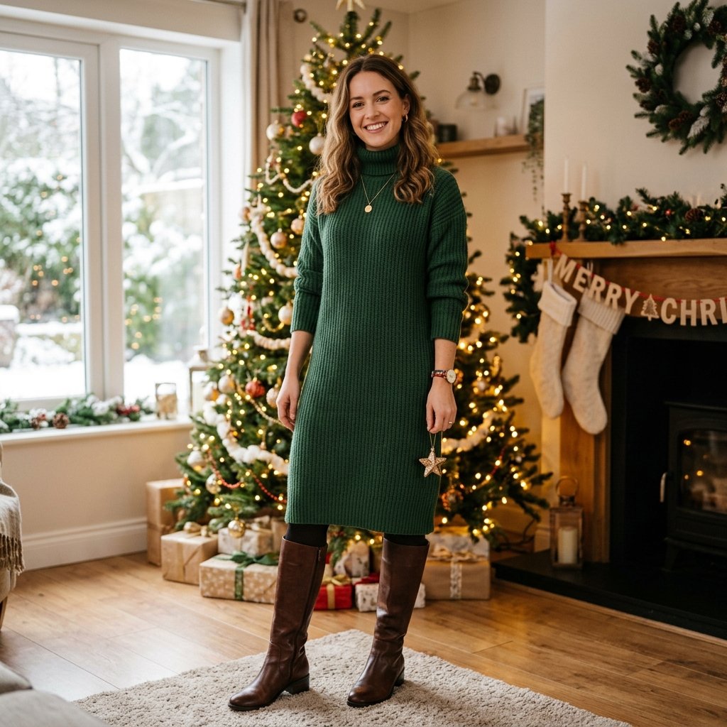 18 Christmas Outfit Ideas That’ll Have You Looking Festive Without Trying Too Hard 6 Green Knit Dress Knee High Boots