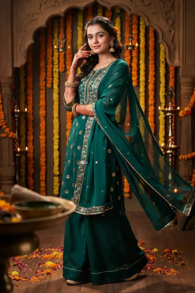19 Mehndi Outfit Ideas That Bring Main Character Energy Without Trying Too Hard 15 Green Palazzo Set Statement Dupatta