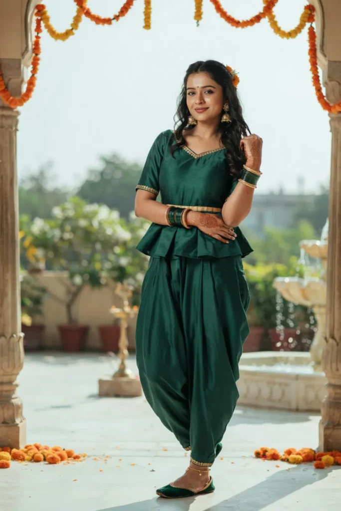 19 Mehndi Outfit Ideas That Bring Main Character Energy Without Trying Too Hard 6 Green Peplum Top Dhoti Pants