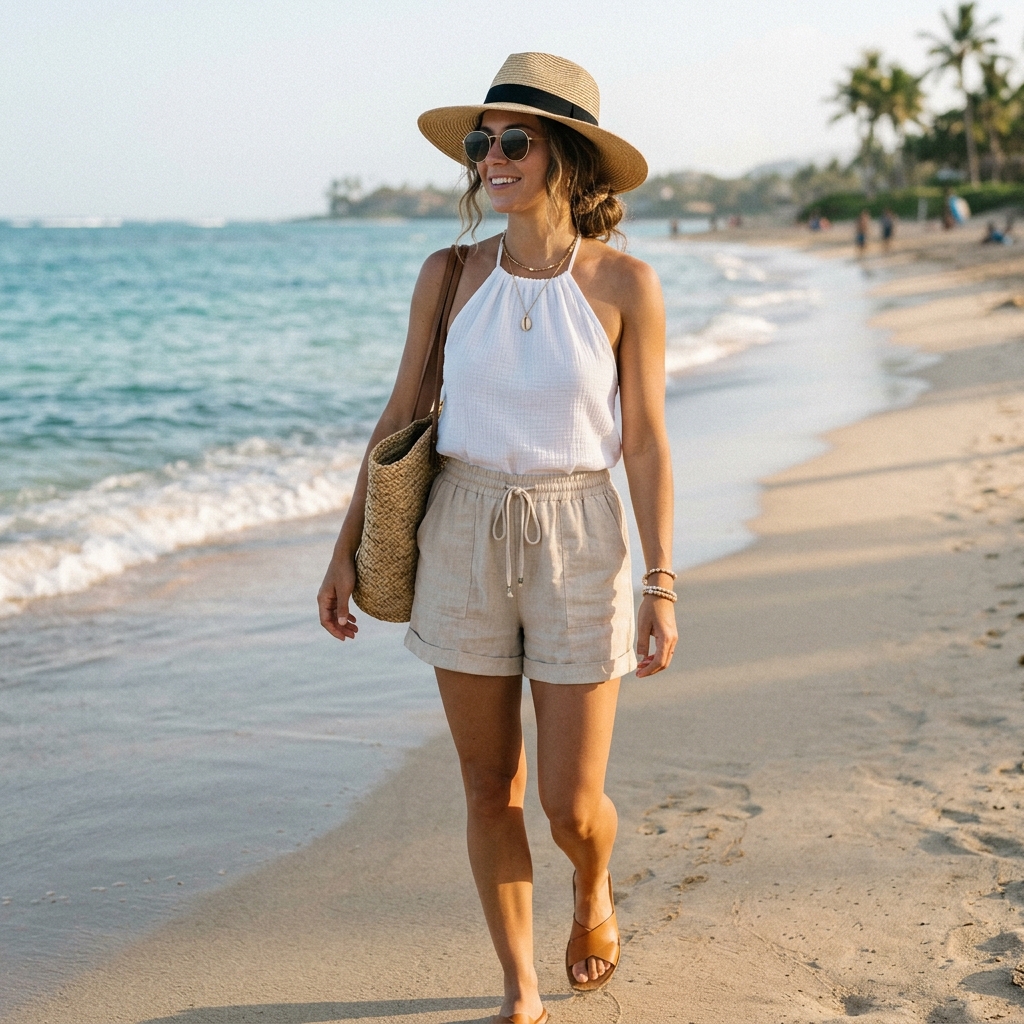 18 Beach Outfit Ideas That Make You Look Effortlessly Cool All Summer 17 Halter Top Linen Shorts