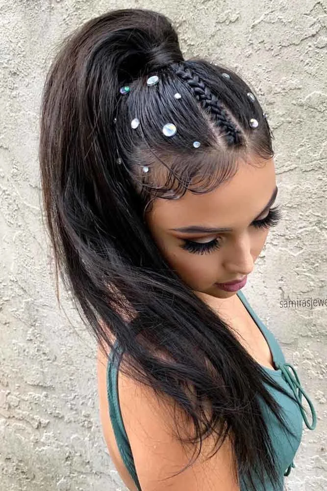 15 Rave Hairstyle Ideas That’ll Have You Looking Like the Main Character All Night 7 High Ponytail With Rhinestones