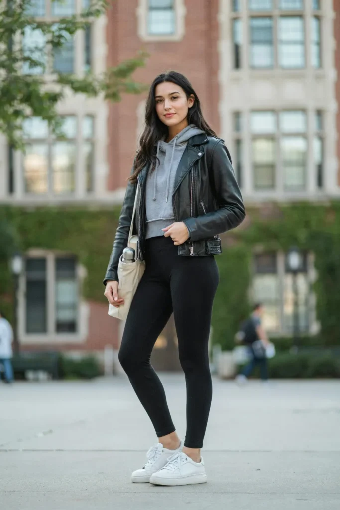 17 College Outfit Ideas That Look Effortless but Still Say “Yes, I Have My Life Together” 9 Hoodie Leather Jacket Leggings