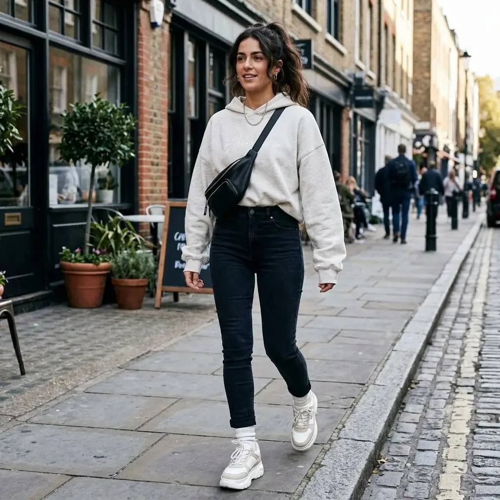 15 Jeans Outfit Ideas That Make Getting Dressed Way Too Easy 12 Hoodie Skinny Jeans Chunky Sneakers