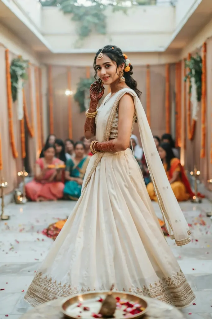 19 Mehndi Outfit Ideas That Bring Main Character Energy Without Trying Too Hard 19 Ivory Outfit Marigold Accessories