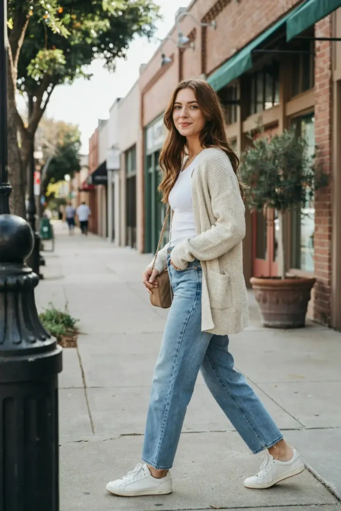 18 Casual Outfit Ideas That Look Effortless, Stylish, and Secretly Put-Together 4 Knit Cardigan Tank Top Wide Leg Jeans