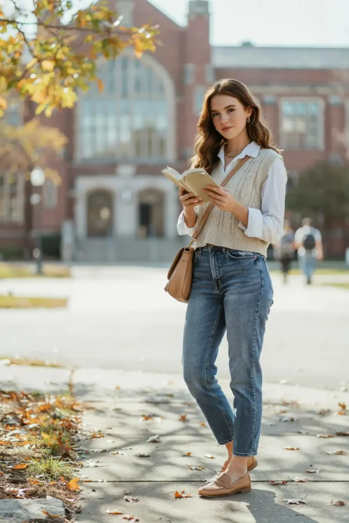 17 College Outfit Ideas That Look Effortless but Still Say “Yes, I Have My Life Together” 8 Knit Vest Collared Shirt Jeans