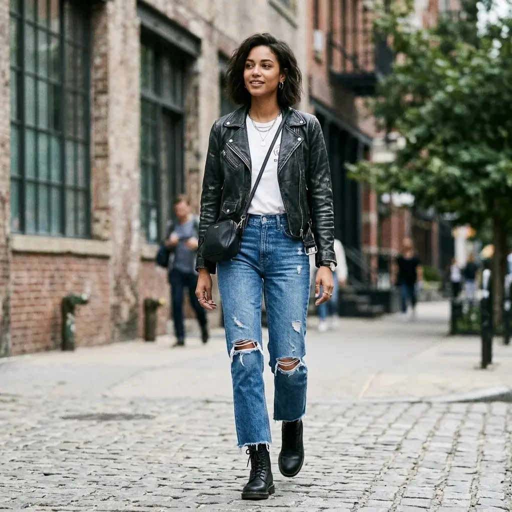 15 Jeans Outfit Ideas That Make Getting Dressed Way Too Easy 6 Leather Jacket Ripped Jeans