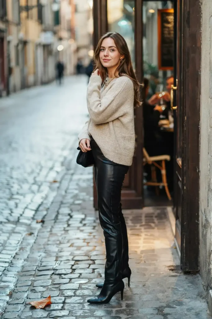 16 Dinner Outfit Ideas That Look Expensive, Feel Easy, and Save You From “I Have Nothing to Wear” Drama 6 Leather Pants Soft Sweater