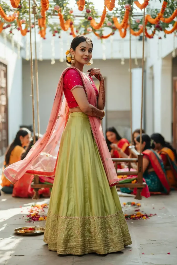 19 Mehndi Outfit Ideas That Bring Main Character Energy Without Trying Too Hard 3 Lime Green Lehenga Pink Choli