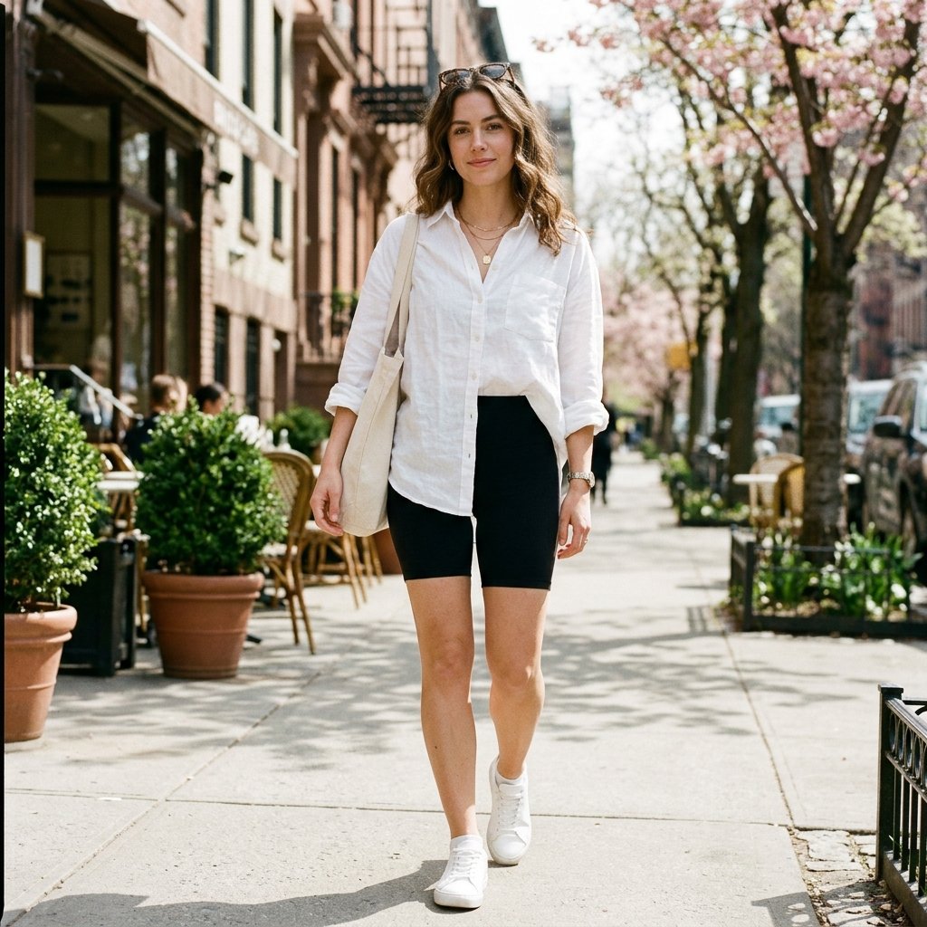 19 Spring Outfit Ideas That Make Getting Dressed Way More Fun 4 Linen Shirt Biker Shorts