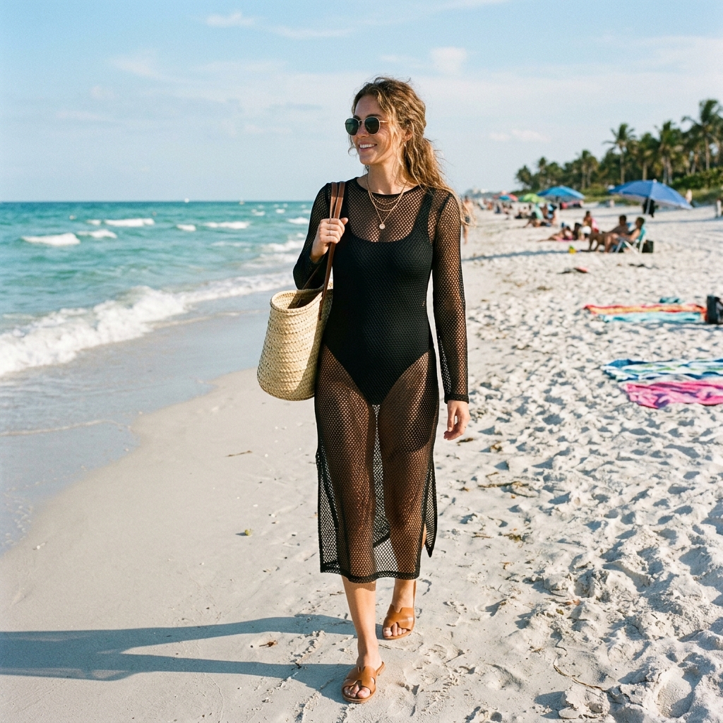 18 Beach Outfit Ideas That Make You Look Effortlessly Cool All Summer 16 Mesh Dress Over Swimsuit