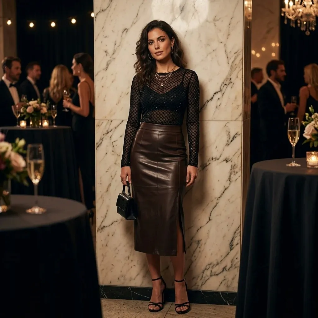 16 Party Outfit Ideas That Make You Look Instantly Cool Without Trying Too Hard 16 Mesh Top Leather Skirt