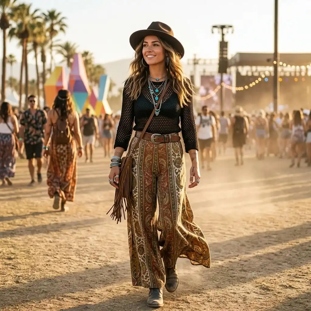 16 Coachella Outfit Ideas That Will Make You Look Like You Accidentally Became the Main Character 8 Mesh Top Wide Leg Pants