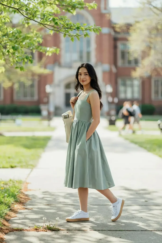 17 College Outfit Ideas That Look Effortless but Still Say “Yes, I Have My Life Together” 11 Midi Dress Sneakers