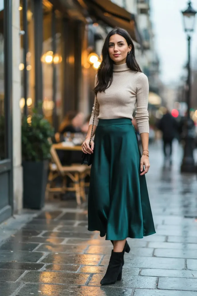 16 Dinner Outfit Ideas That Look Expensive, Feel Easy, and Save You From “I Have Nothing to Wear” Drama 11 Midi Skirt Fitted Turtleneck