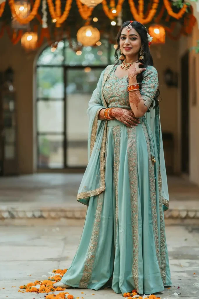 19 Mehndi Outfit Ideas That Bring Main Character Energy Without Trying Too Hard 17 Mint Sharara Orange Jewelry