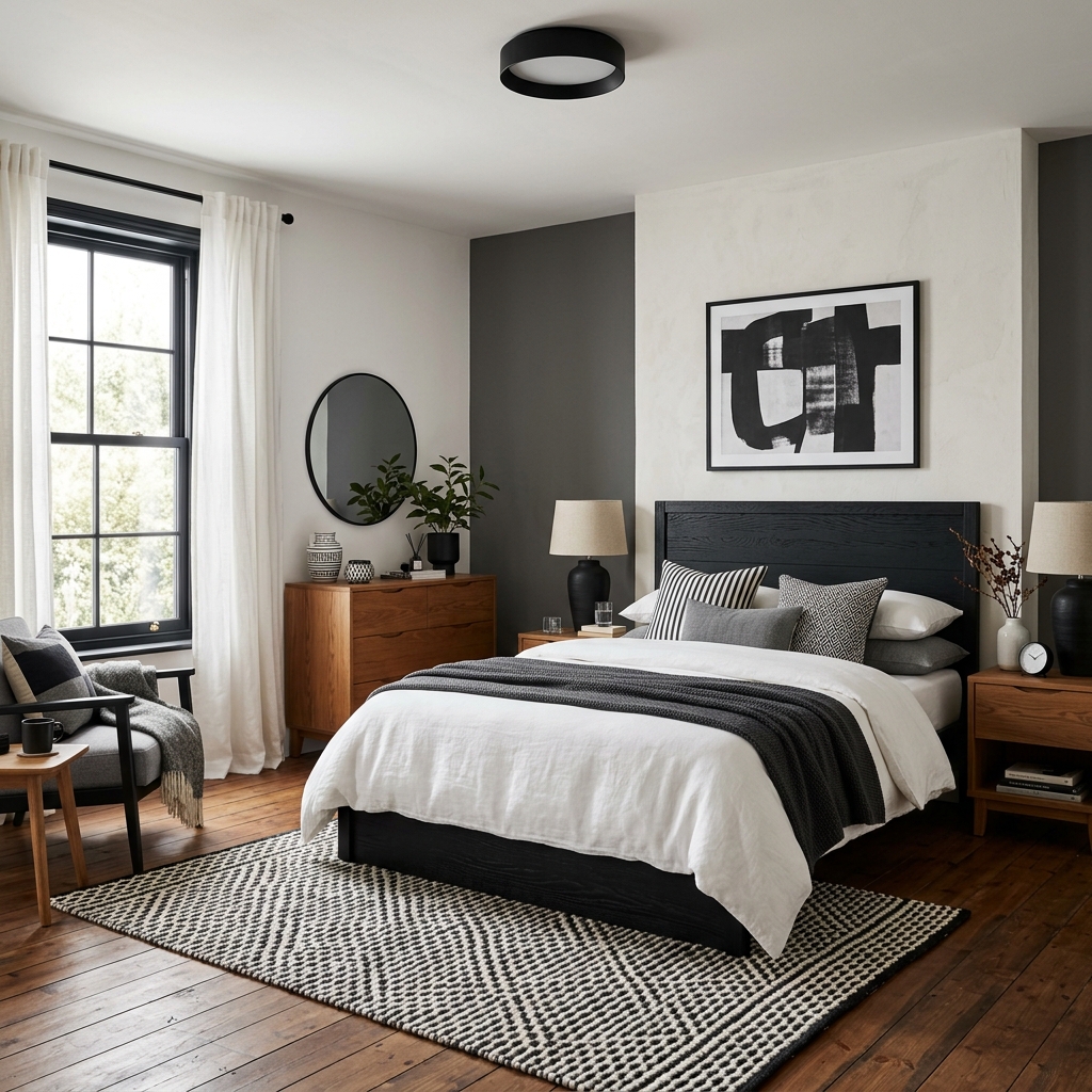 18 Black and White Bedroom Ideas That Look Straight Out of a Pinterest Dream 18 Monochrome Bedroom With Warm Wood Accents