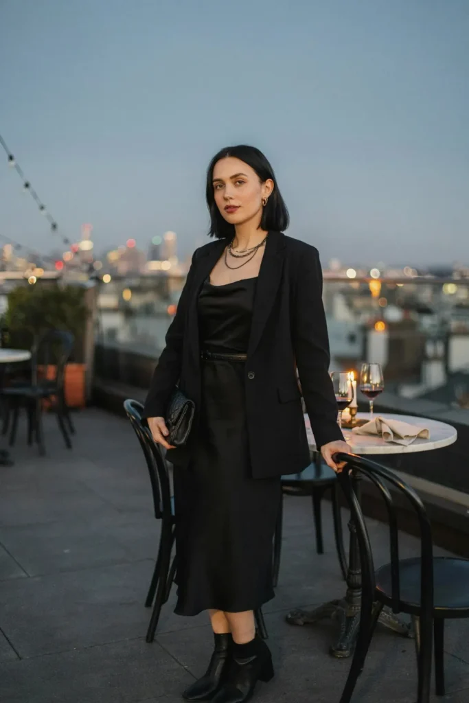 16 Dinner Outfit Ideas That Look Expensive, Feel Easy, and Save You From “I Have Nothing to Wear” Drama 8 Monochrome Black Outfit