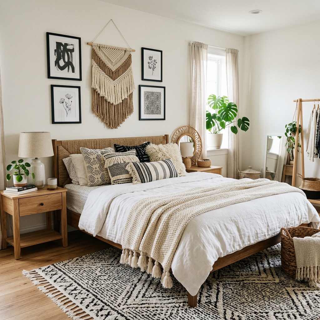 18 Black and White Bedroom Ideas That Look Straight Out of a Pinterest Dream 13 Monochrome Boho Bedroom Twist