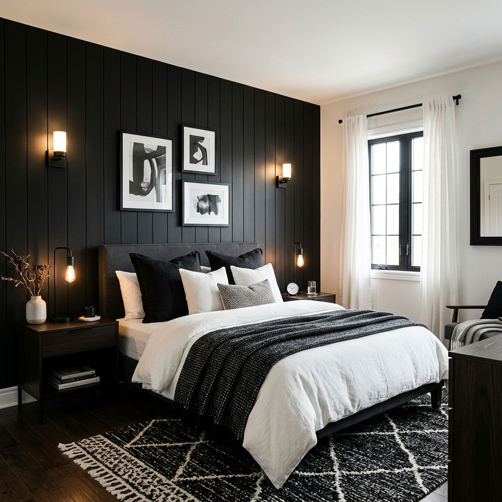 18 Black and White Bedroom Ideas That Look Straight Out of a Pinterest Dream 3 Moody Black Accent Wall Drama