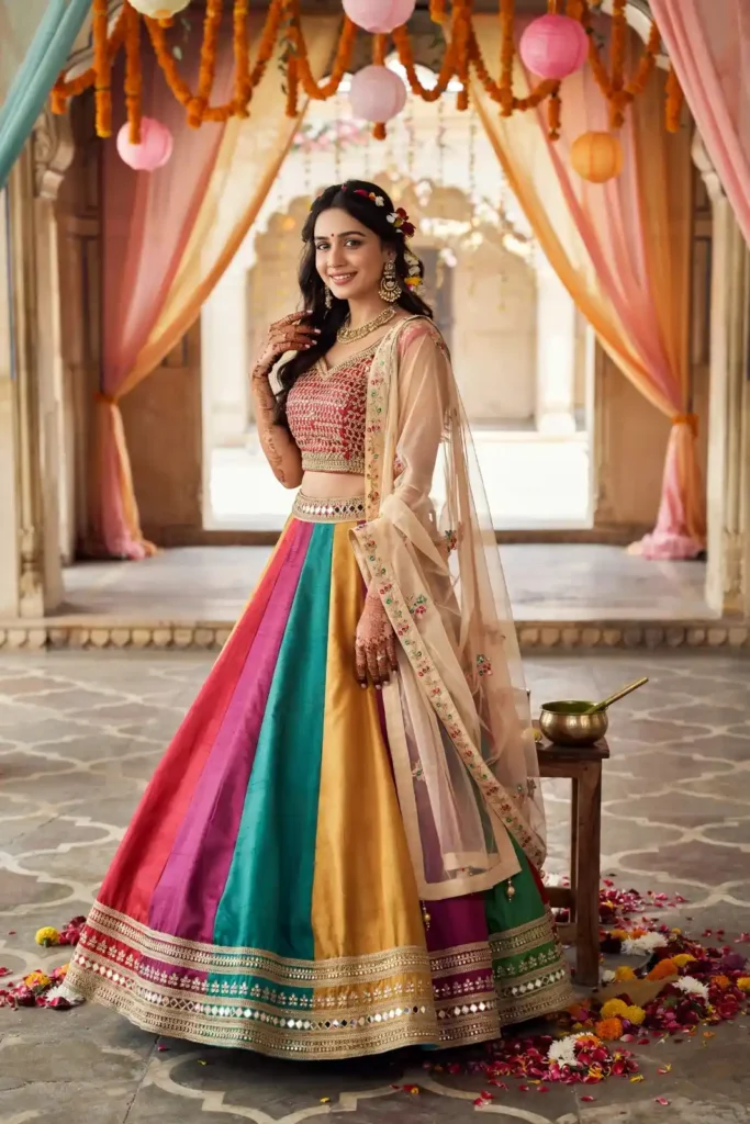 19 Mehndi Outfit Ideas That Bring Main Character Energy Without Trying Too Hard 13 Multi Color Lehenga Choli