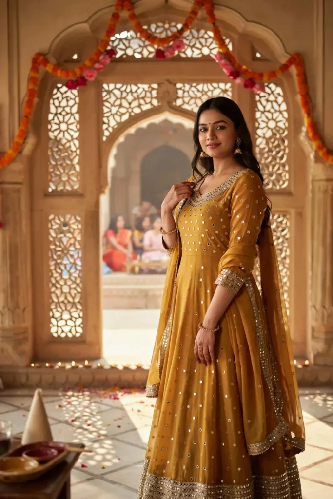 19 Mehndi Outfit Ideas That Bring Main Character Energy Without Trying Too Hard 4 Mustard Anarkali Mirror Work