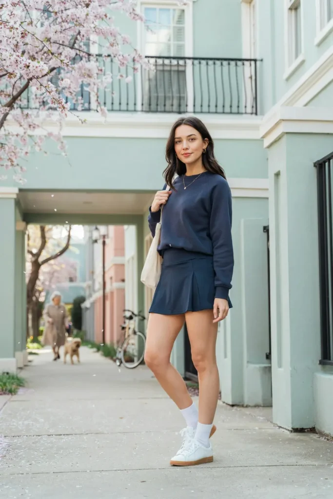 18 Blue Outfit Ideas That Make Getting Dressed Weirdly Easy 17 Navy Sweatshirt Tennis Skirt