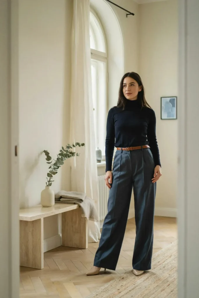 18 Blue Outfit Ideas That Make Getting Dressed Weirdly Easy 10 Navy Turtleneck Wide Leg Trousers