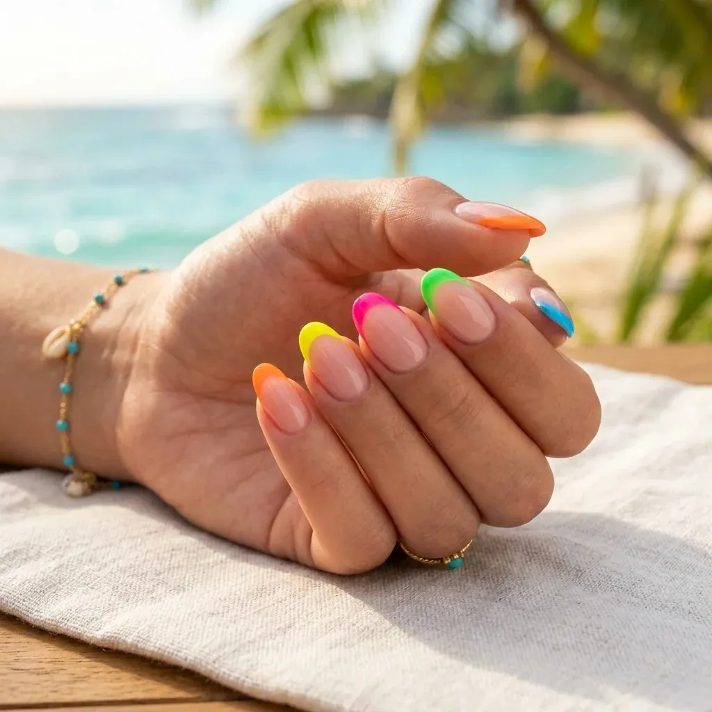 18 Summer Holiday Nails Ideas That’ll Make Your Hands the Main Character 4 Neon French Tips nail
