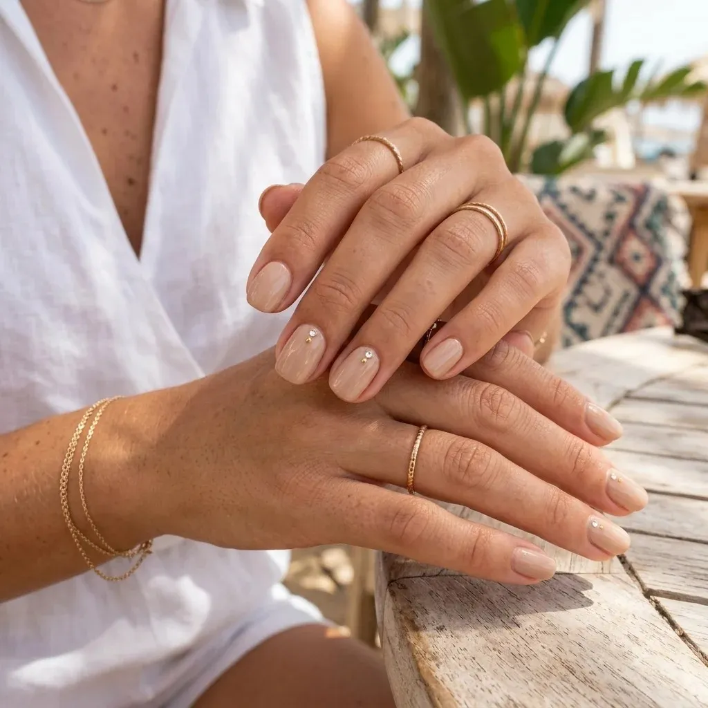 18 Summer Holiday Nails Ideas That’ll Make Your Hands the Main Character 13 Nude with Tiny Gems nail