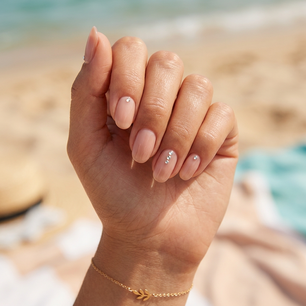18 Summer Holiday Nails Ideas That’ll Make Your Hands the Main Character 13 Nude with Tiny Gems nails