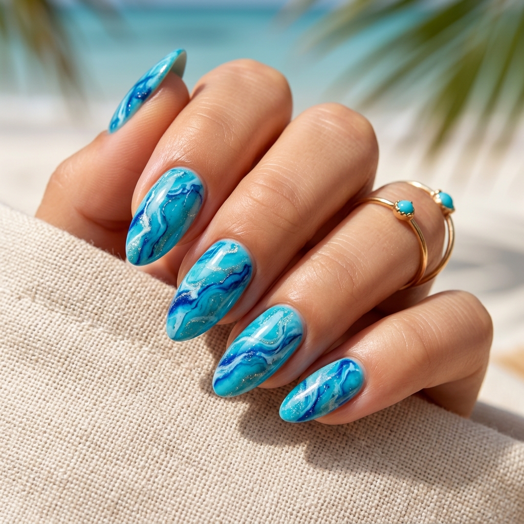 18 Summer Holiday Nails Ideas That’ll Make Your Hands the Main Character 5 Ocean Blue Marble nails