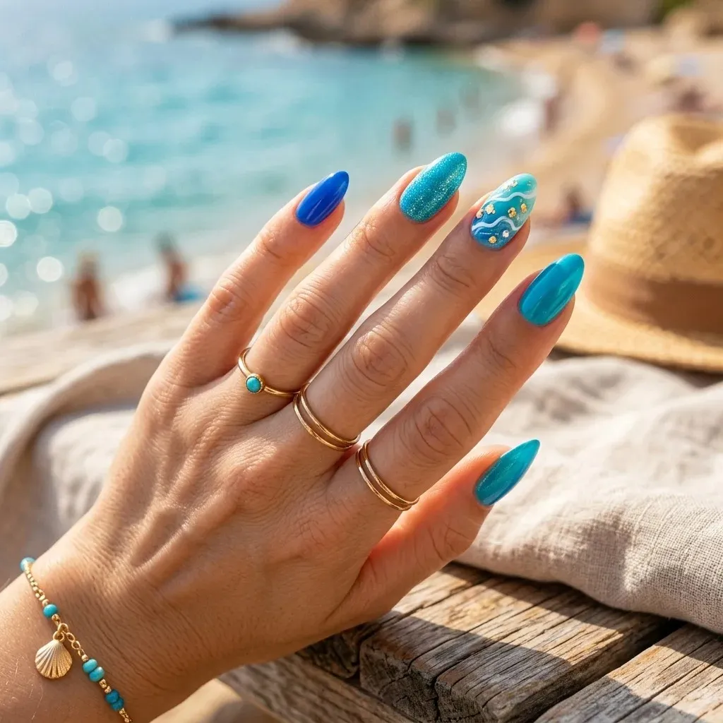 16 Summer Nail Colors Ideas That Are So Cute You’ll Want a Mani ASAP 6 Ocean Blue Vibes