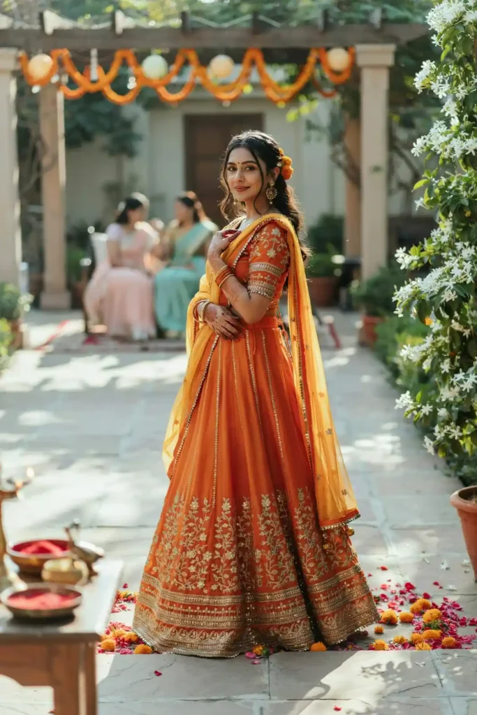 19 Mehndi Outfit Ideas That Bring Main Character Energy Without Trying Too Hard 7 Orange Lehenga Yellow Dupatta
