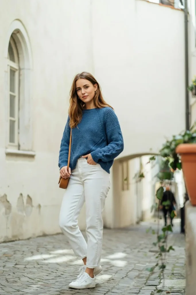 18 Blue Outfit Ideas That Make Getting Dressed Weirdly Easy 2 Oversized Blue Sweater White Jeans