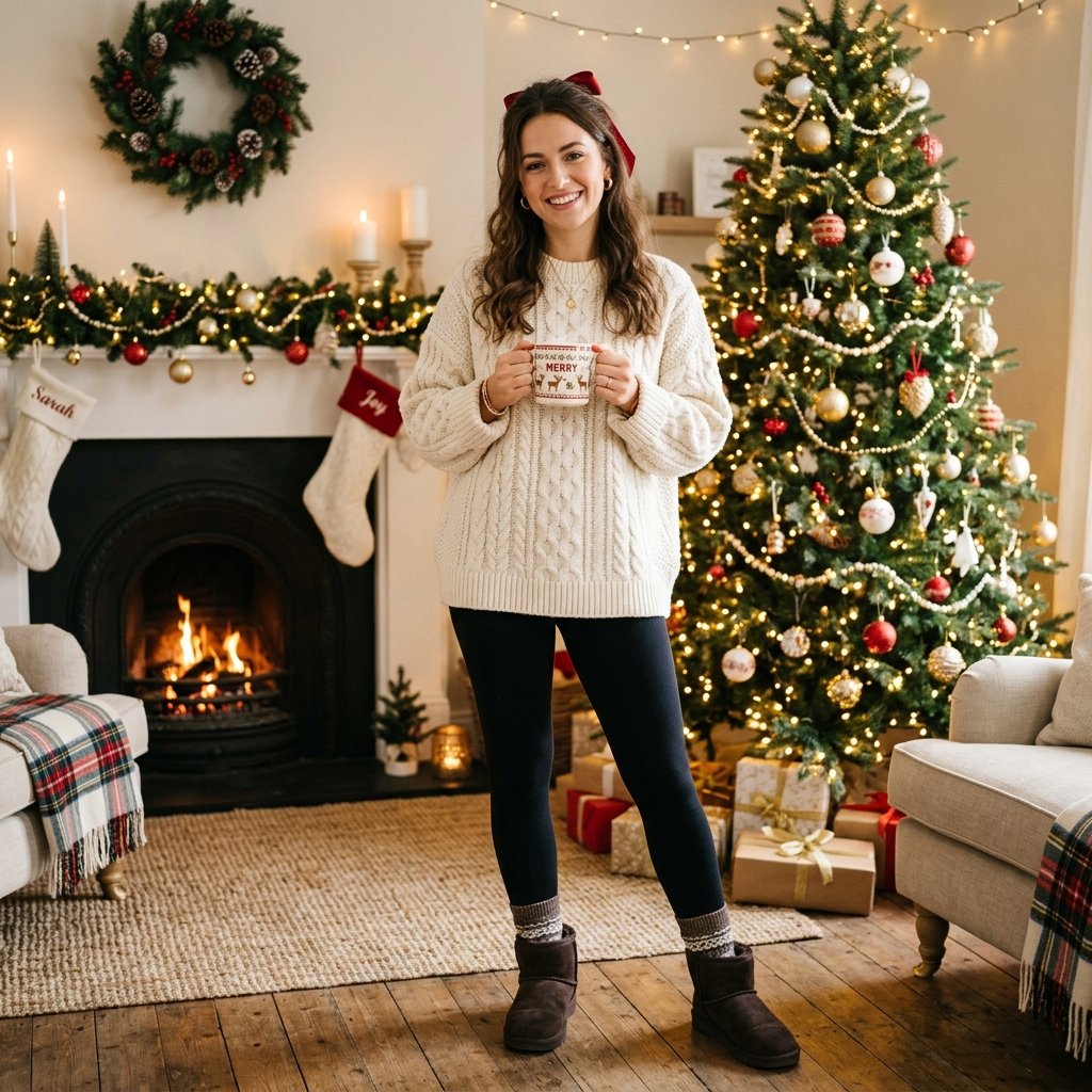 18 Christmas Outfit Ideas That’ll Have You Looking Festive Without Trying Too Hard 5 Oversized Cream Sweater Leggings